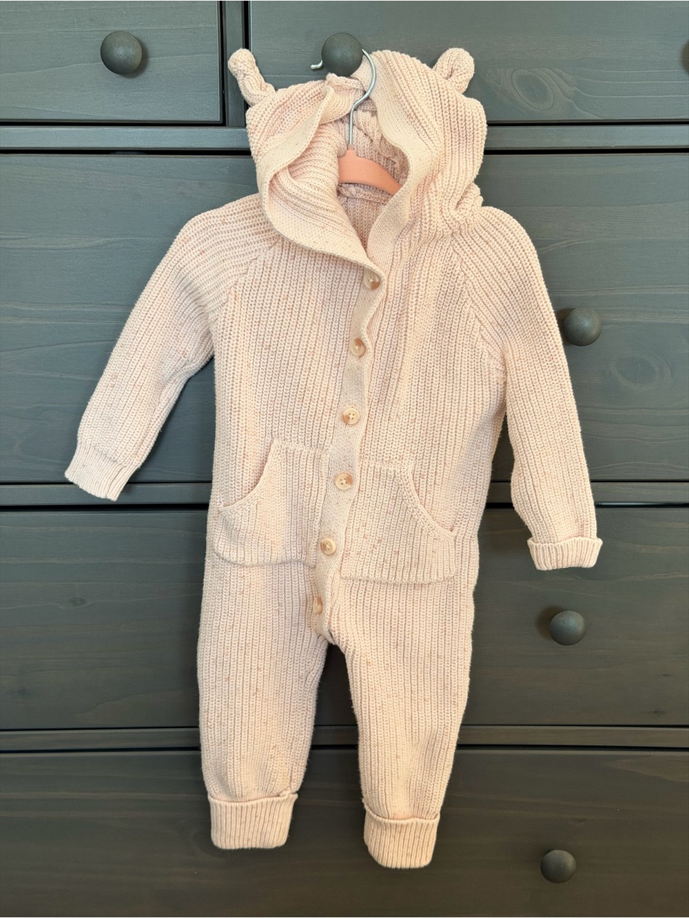 Jamie Kay Pale Pink Knit Hooded Romper with Bear Ears